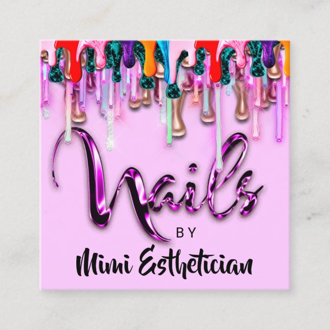 Tarjeta De Visita Cuadrada Nails Studio Artist Nails Script Logo Drips Pinky (Anverso)
