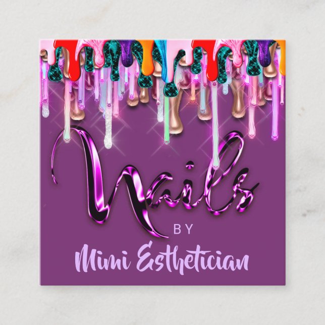 Tarjeta De Visita Cuadrada Nails Studio Artist Nails Script Logo Drips Purple (Anverso)