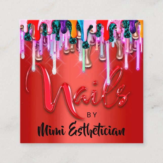 Tarjeta De Visita Cuadrada Nails Studio Artist Nails Script Logo Rojo Drimes (Anverso)