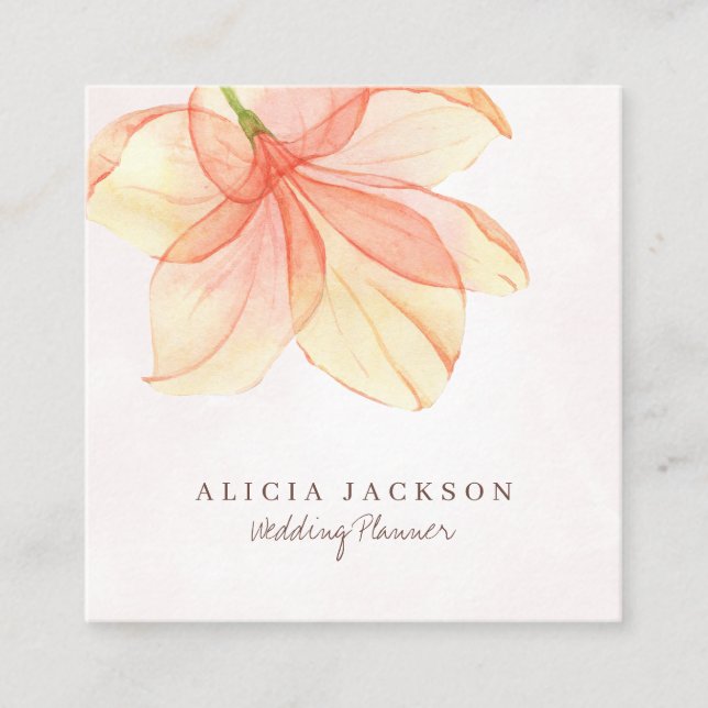 Tarjeta De Visita Cuadrada Naranja amarillo acuarela pétalos de boda planific (Anverso)