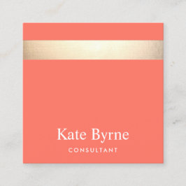 Tarjeta De Visita Cuadrada Naranja de coral elegante con rayas de oro