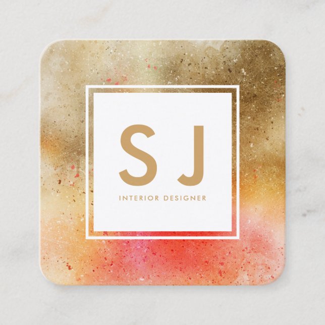 Tarjeta De Visita Cuadrada Naranja Gold Art Simple Moderno Diseñador Interior (Anverso)