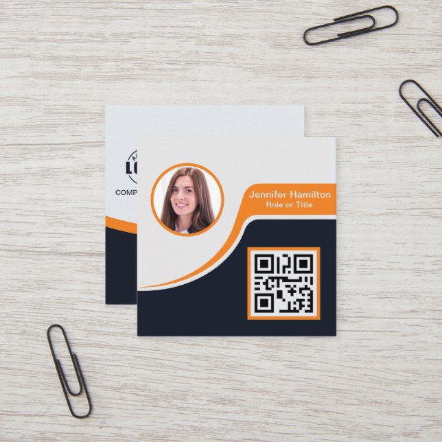 Tarjeta De Visita Cuadrada Naranja negro profesional añada su código QR de lo (Anverso/Reverso In Situ)