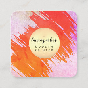 Tarjeta De Visita Cuadrada Naranja Red Watercolor Retro Resumen Artista de pi