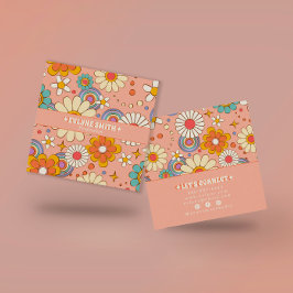 Tarjeta De Visita Cuadrada Naranja Rosa Retro Groovy Floral Boho Girly Trendy