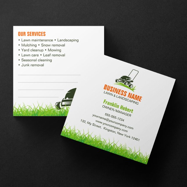 Tarjeta De Visita Cuadrada Naranja verde profesional Lawncare Landscaping Mow (Subido por el creador)