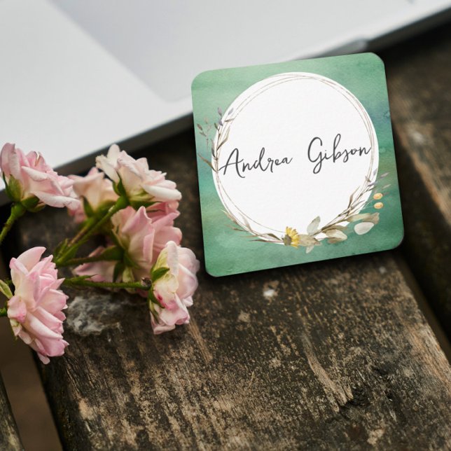 Tarjeta De Visita Cuadrada naturaleza elegante acuarela verde azulada y blanc (Subido por el creador)