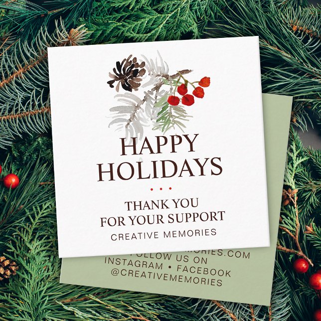 Tarjeta De Visita Cuadrada Navidades Acuarela Verde Gracias (Christmas Watercolor Greenery Thank You Square Business Card)