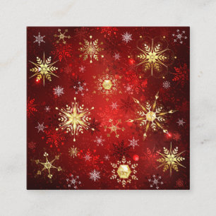 Tarjeta De Visita Cuadrada Navidades Copos de nieve dorados con fondo rojo