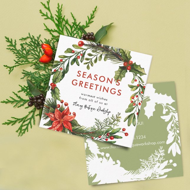 Tarjeta De Visita Cuadrada Navidades de pequeñas empresas con información de  (Small Business Christmas Festive Wreath Info Square Business Card)