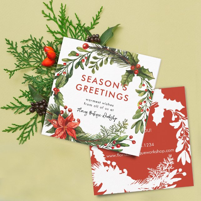 Tarjeta De Visita Cuadrada Navidades de pequeñas empresas con información de  (Small Business Christmas Festive Wreath Info Square Business Card)