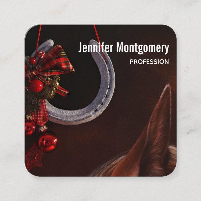 Tarjeta De Visita Cuadrada Navidades ecuestres colgando foto de herradura (Anverso)