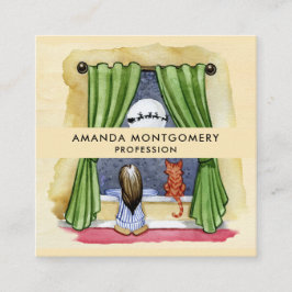 Tarjeta De Visita Cuadrada Navidades llegan a acuarela niños y gatos gatitos