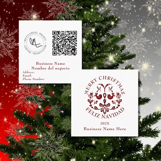 Tarjeta De Visita Cuadrada Navidades nórdicos Borgoña española bilingüe (Business Christmas cards Bilingual, Spanish custom text & details, QR code. Multilingual Project)