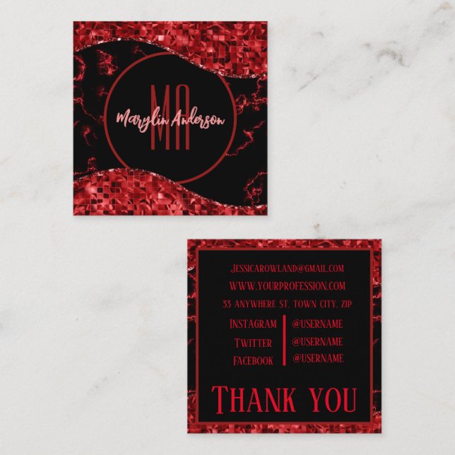 TARJETA DE VISITA CUADRADA NAVIDADES ROJOS MÁRMOL Y PERSONALIZADO SHIMMER MON (Anverso / Reverso)