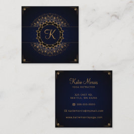 Tarjeta De Visita Cuadrada Navy Gold Mandala Elegante instructor de yoga