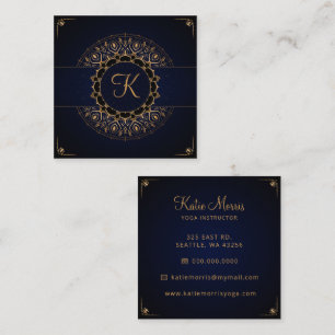 Tarjeta De Visita Cuadrada Navy Gold Mandala Elegante instructor de yoga