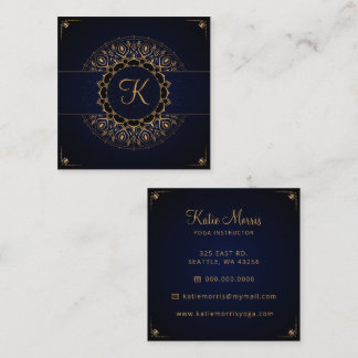 Tarjeta De Visita Cuadrada Navy Gold Mandala Elegante instructor de yoga