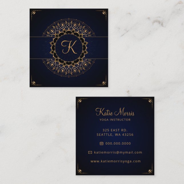 Tarjeta De Visita Cuadrada Navy Gold Mandala Elegante instructor de yoga (Anverso / Reverso)