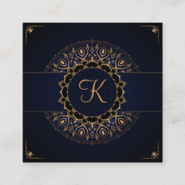 Tarjeta De Visita Cuadrada Navy Gold Mandala Elegante instructor de yoga