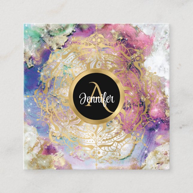 Tarjeta De Visita Cuadrada Nebulosa acuarela oro mandala moderna monogramada (Anverso)