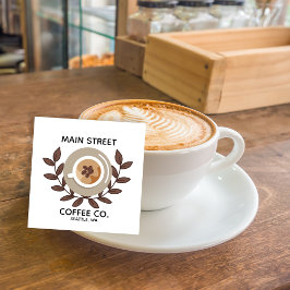 Tarjeta De Visita Cuadrada Negocio Pequeño Laurel y Taza de Café