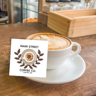 Tarjeta De Visita Cuadrada Negocio Pequeño Laurel y Taza de Café
