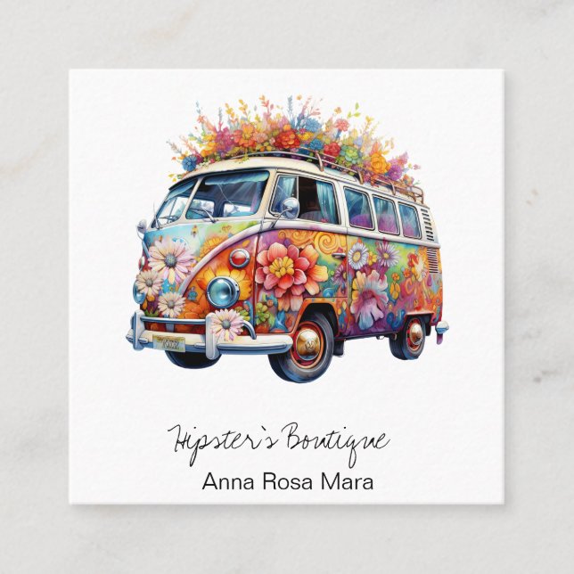 Tarjeta De Visita Cuadrada *~* Negrita AP57 Flores retro de Boho QR (Anverso)