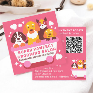 Tarjeta De Visita Cuadrada Negrita Retro Cute Perros Rosa Grooming Salon Qr c