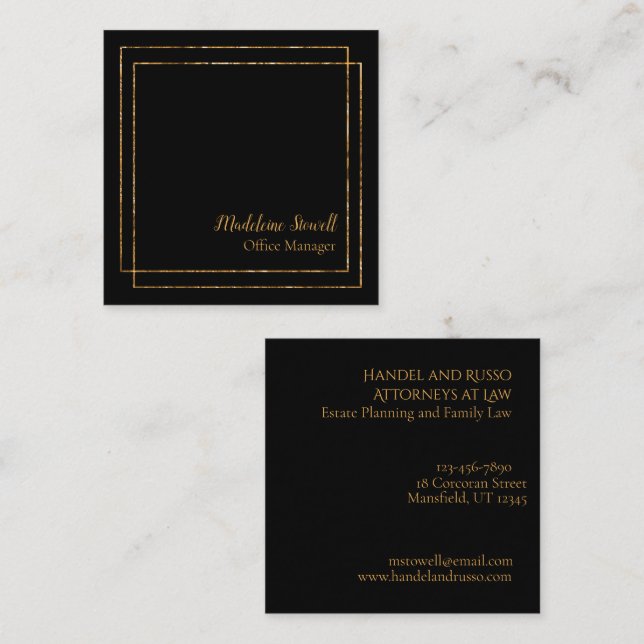 Tarjeta De Visita Cuadrada Negro Con Relieve metalizado dorado Moderno Minima (Anverso / Reverso)