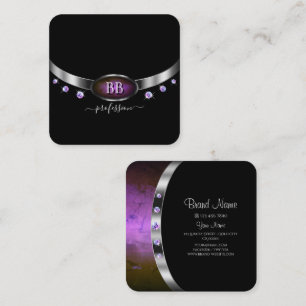 Tarjeta De Visita Cuadrada Negro Moderno Plateado Púrpura con Diamantes de Mo