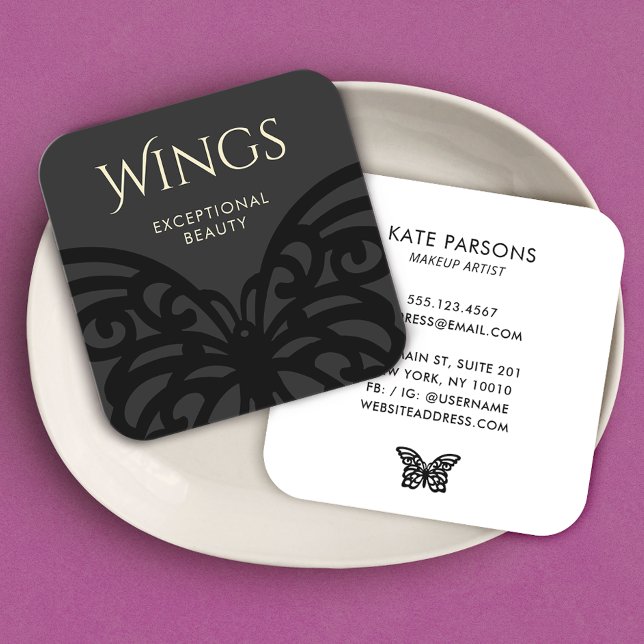 Tarjeta De Visita Cuadrada Negro moderno sobre mariposa negra (Subido por el creador)
