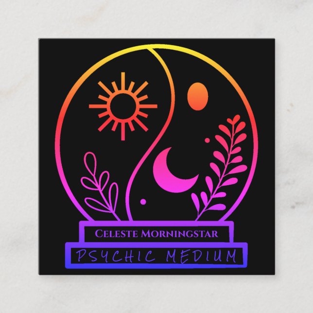 Tarjeta De Visita Cuadrada Neon Crystal Ball Psíquico Medio Negro Único (Anverso)