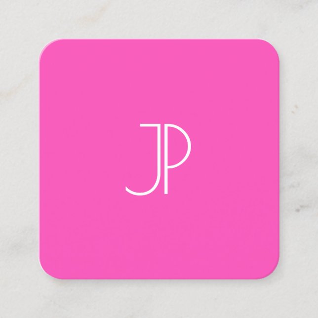 Tarjeta De Visita Cuadrada Neon Pink Modern Elegant Monograma De Moda (Anverso)