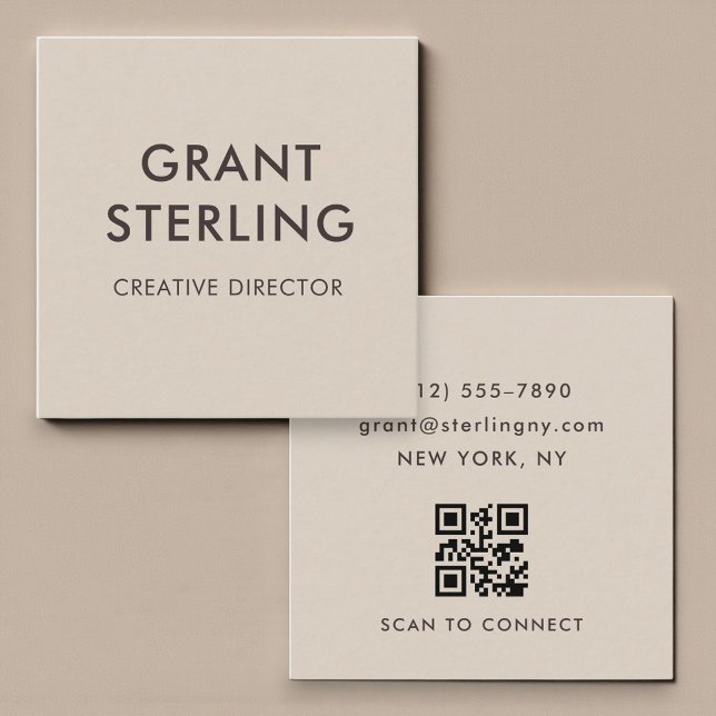 Tarjeta De Visita Cuadrada Neutral Beige Minimal Typography QR Code (Subido por el creador)
