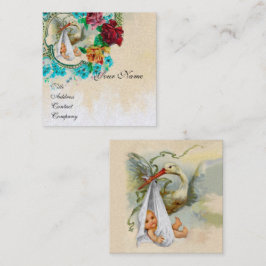 Tarjeta De Visita Cuadrada NEUTRAL FLORAL STORK BABY SHOWER White Pearl Paper