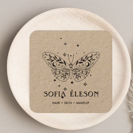Tarjeta De Visita Cuadrada Neutral Rústico Craft Salón de belleza de mariposa