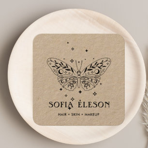 Tarjeta De Visita Cuadrada Neutral Rústico Craft Salón de belleza de mariposa