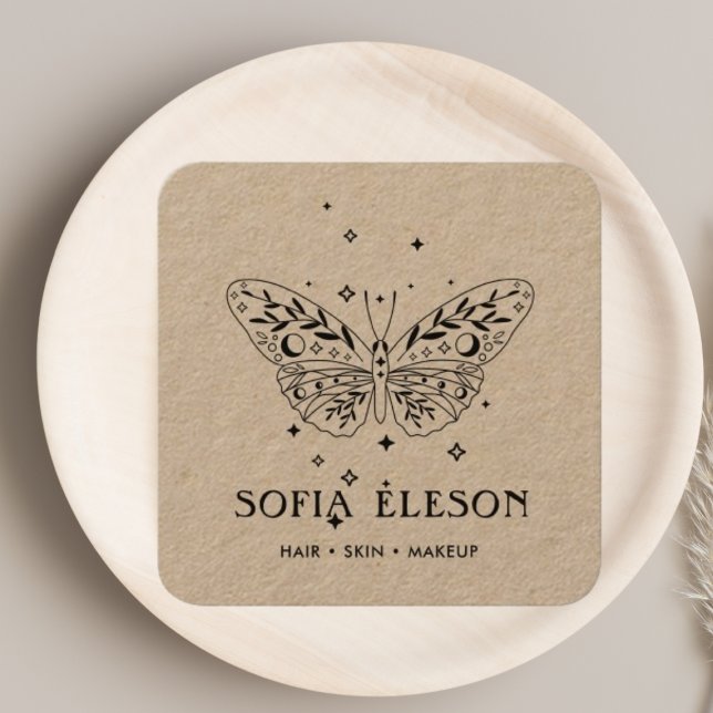 Tarjeta De Visita Cuadrada Neutral Rústico Craft Salón de belleza de mariposa (Subido por el creador)