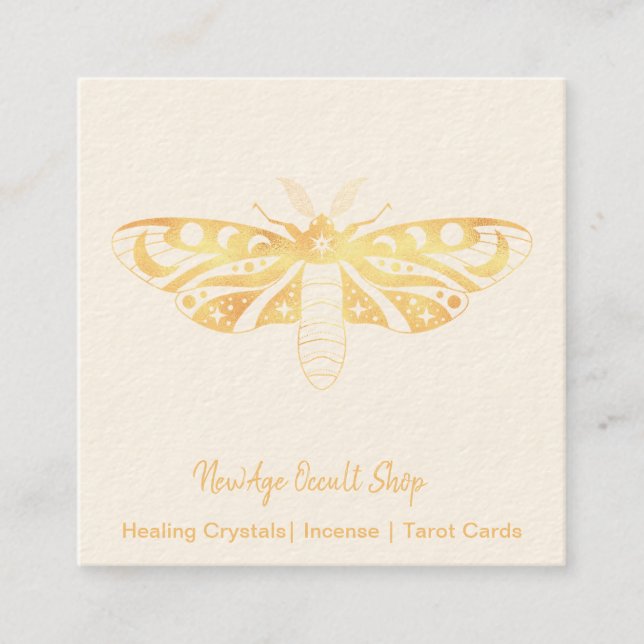 Tarjeta De Visita Cuadrada New Age Occult Shop Gold Moth (Anverso)