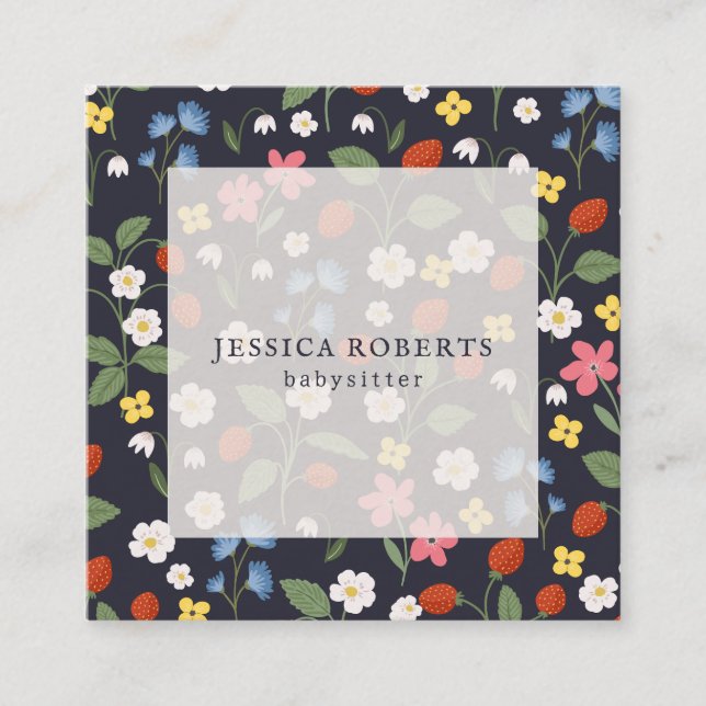 Tarjeta De Visita Cuadrada Niñera Strawberry patrón de la marina cuadrado (Anverso)