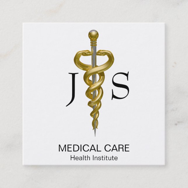Tarjeta De Visita Cuadrada Noble Médico Elegante Dorado Asclepio (Anverso)