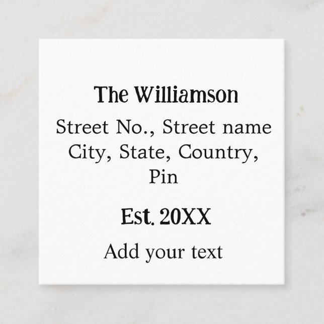 Tarjeta De Visita Cuadrada nombre de familia devolución dirección añadir nomb (Anverso)