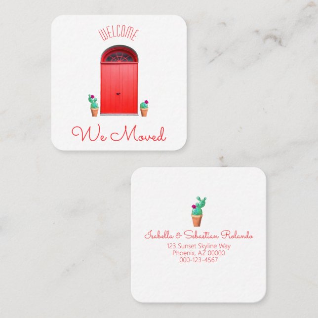 Tarjeta De Visita Cuadrada Nos movemos Puertas Rojas Cactus Potted Del Suroes (Anverso / Reverso)