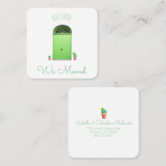 Tarjeta De Visita Cuadrada Nos mudamos las puertas verdes del Cactus Potted d (Anverso / Reverso)