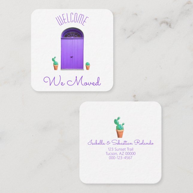 Tarjeta De Visita Cuadrada Nos Mudamos Puertas Púrpura Al Suroeste De Cactus  (Anverso / Reverso)