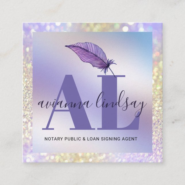 Tarjeta De Visita Cuadrada Notary Loan Signing Agent Purple Purpurina Monogra (Anverso)