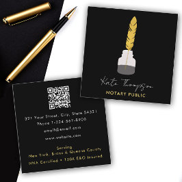 Tarjeta De Visita Cuadrada Notary Siging Agent Feather Quill Pen Black Gold