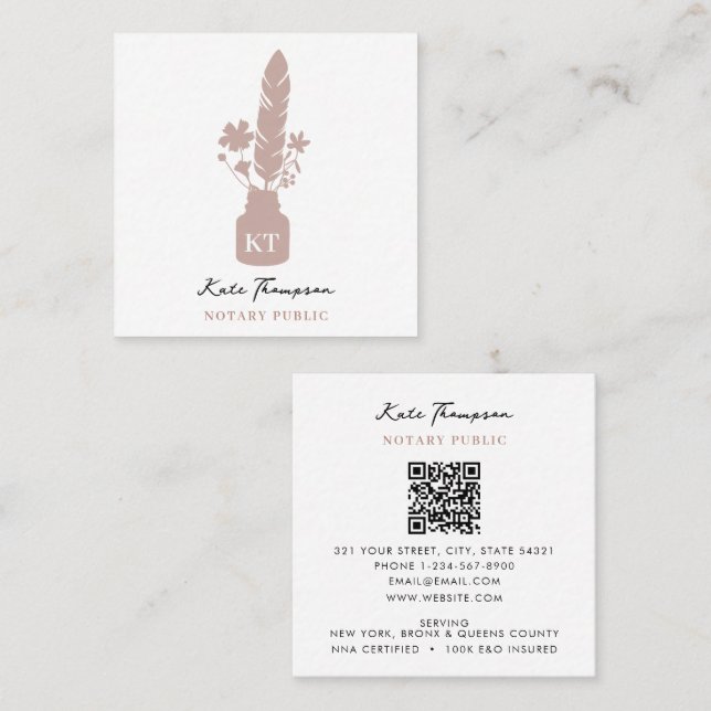Tarjeta De Visita Cuadrada Notary Signing Agent Calligraphy Pink Floral Quill (Anverso / Reverso)