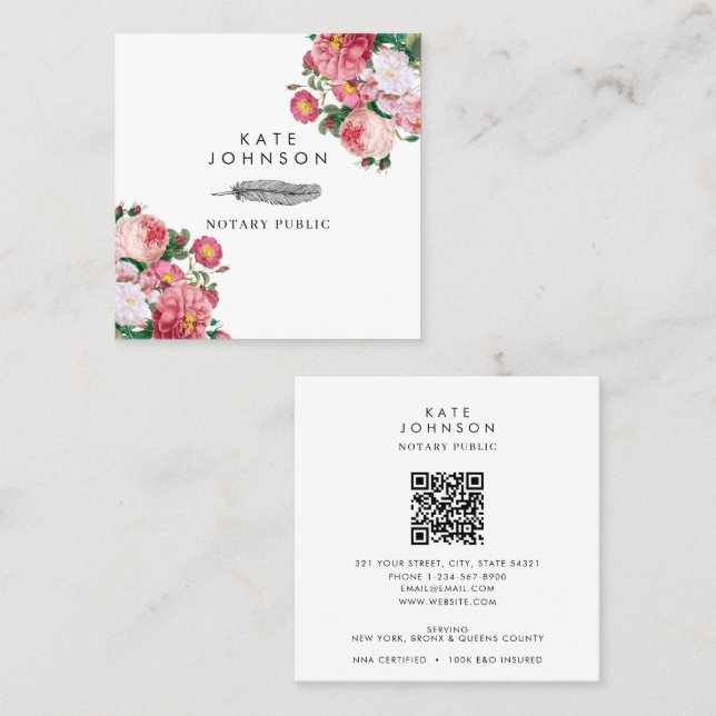 Tarjeta De Visita Cuadrada Notary Signing Agent Feather Quill Pink Floral (Anverso / Reverso)
